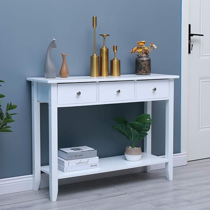 HomeSailing White 3 Drawers Console Table Corner with Storage Shelf