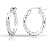 Hoops & Loops 925 Sterling Silver Diamond-Cut 2mm Hoop Earrings for Women, Modern Textured Hypoallergenic Lightweight Hoops, Silver, 14k Yellow Gold, Rose Gold Flash Plate 15mm, 20mm, 25mm, 30mm