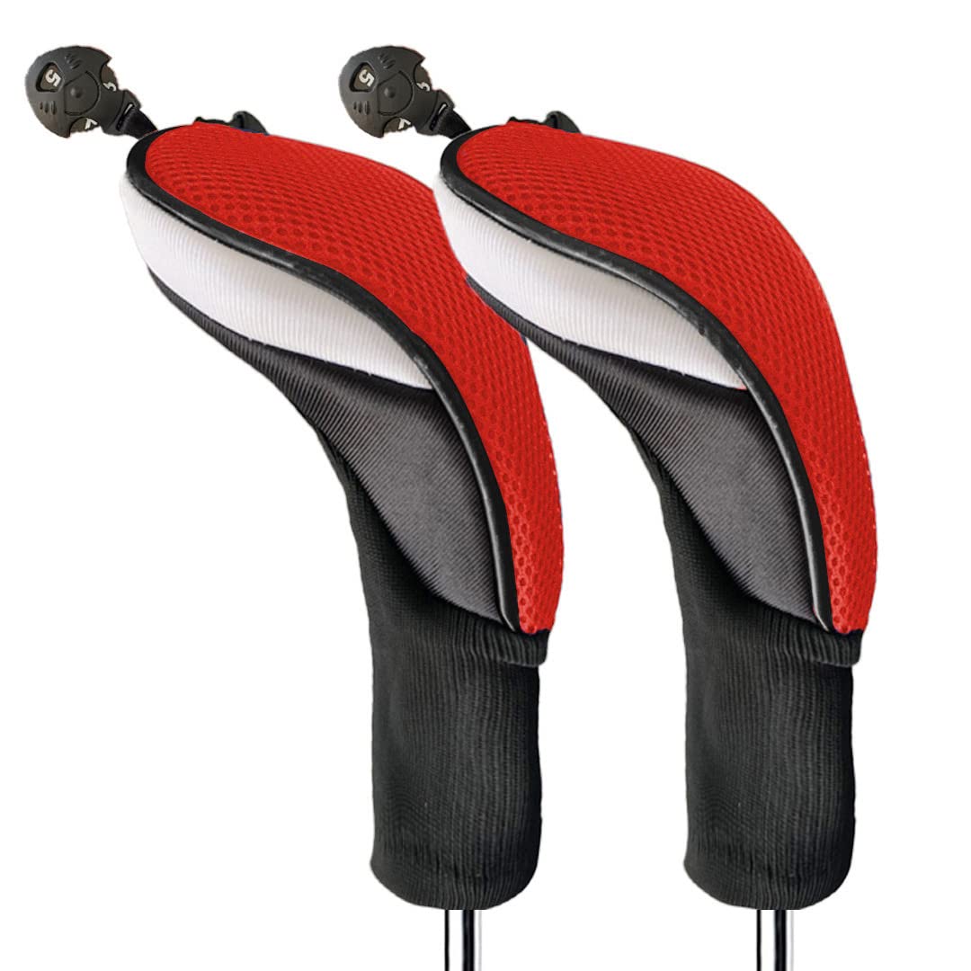 FINGER TEN Golf Club Head Covers Woods Hybrids Long Cover, Headcovers with Interchangeable No. Tags Fit All Hybrids Wood Clubs Light Durable (Red-2 Pack Hybrid Covers)