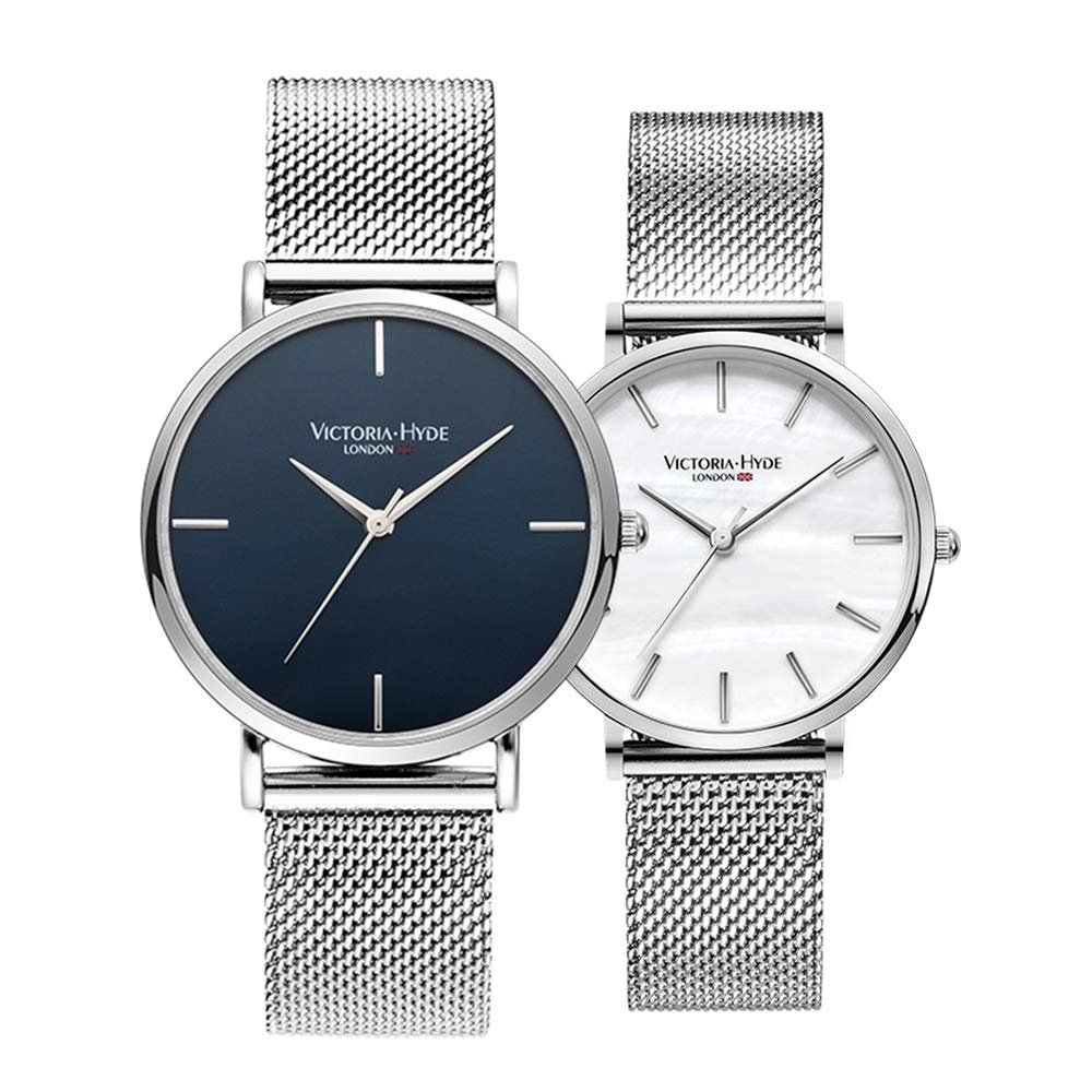 VICTORIA HYDE Women Men Couple Watches Analog Quartz Detachable Stainless Steel Mesh Band Wrist Watch Set