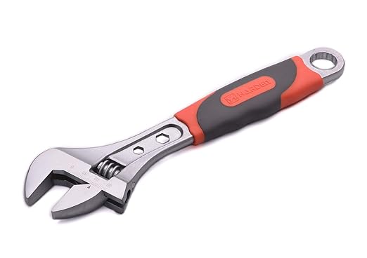 Harden 12 Professional Adjustable Wrench Quality Carbon Steel with Chrome Plating - Laser Engraved Scale, Flexible Turbine, Ergonomical Handle, Offset Ring Spanner at End - 540562