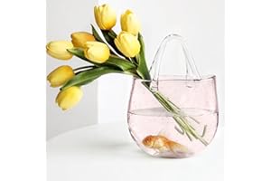 AMATESAY Amatesy Pink Purse Vase for Flowers,Pink Glass Bag Vase with Handle and Bubbles,Hand Blown Glass Purse Flower Vase for Centerpieces