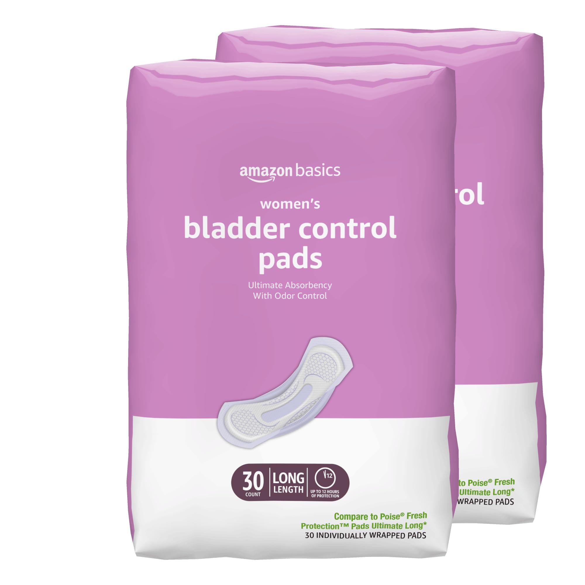 Photo 1 of Amazon Basics Incontinence Pads for Women Long, Bladder Control, Postpartum, Ultimate Absorbency, Unscented, 60 Count (2 Packs of 30)