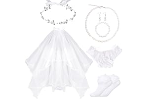 Lystaii 7 Pcs Girls First Communion Veils Set First Holy Communion Floral Crown White Wreath Bow Veil Gloves Sock Pearl Necklace Bracelet Earring Accessories for Wedding
