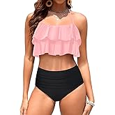 Tempt Me Women Two Piece Swimsuits High Waisted Bikini Teen Ruffle Tummy Control Bottoms Halter Bathing Suits