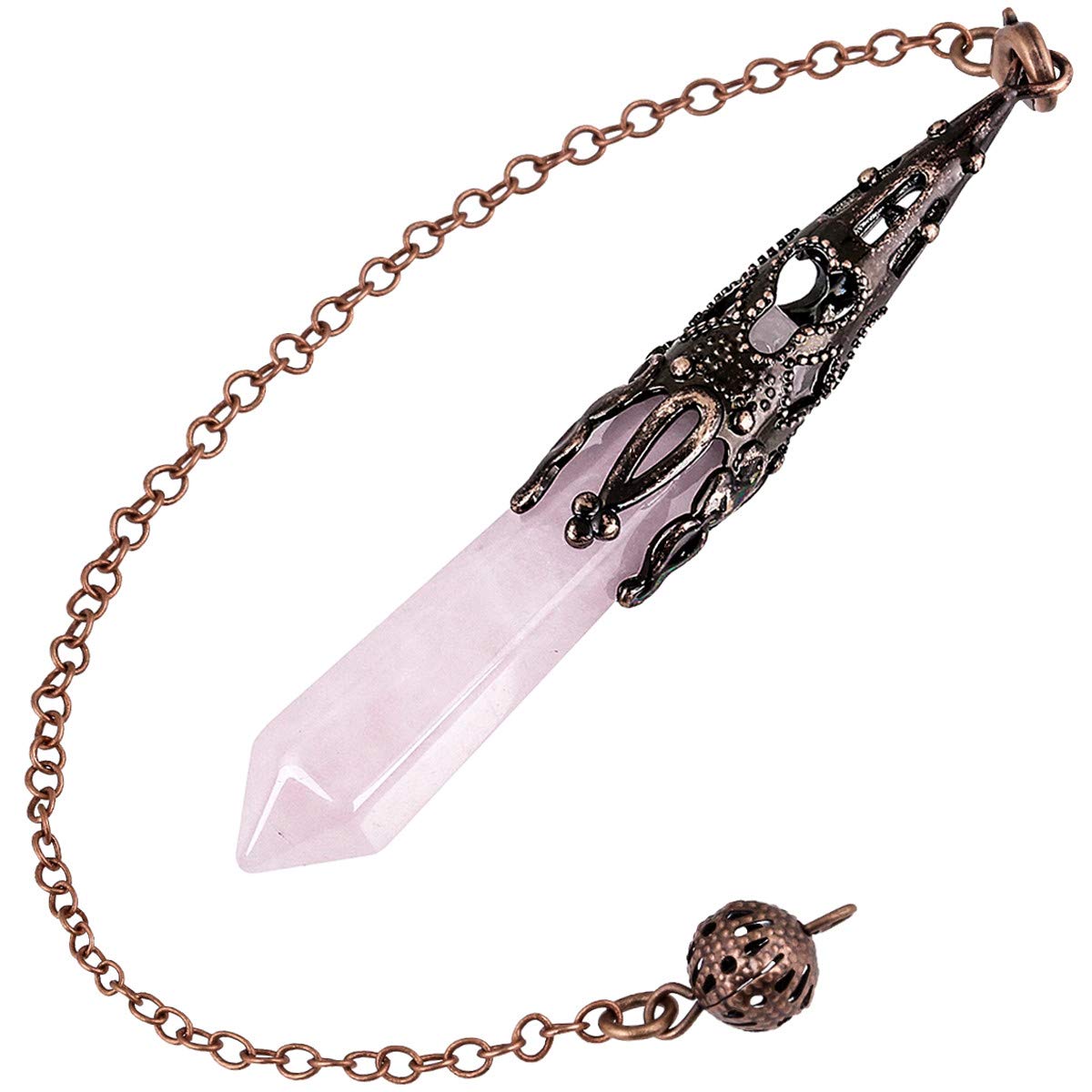 Nupuyai Vintage Rose Quartz Crystal Point Dowsing Pendulum for Healing Divination Scrying, Hexagonal Gemstone Pendant Pendulum with Chain