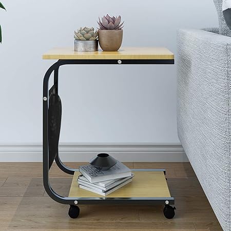 Boju C Shaped Mobile Sofa Bed Table On Wheels Side Table End Table Coffee Tea Snack Table With Storage Shelf Magazine Bag For Living Room Bedroom Hallway Walnutl Amazon Co Uk Kitchen Home