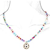Mikovivi Soccer Beaded Necklace for Women, Colorful Bead Soccer Pendant Necklace Football Jewelry Sport Accessories for Players Fans Team Gifts