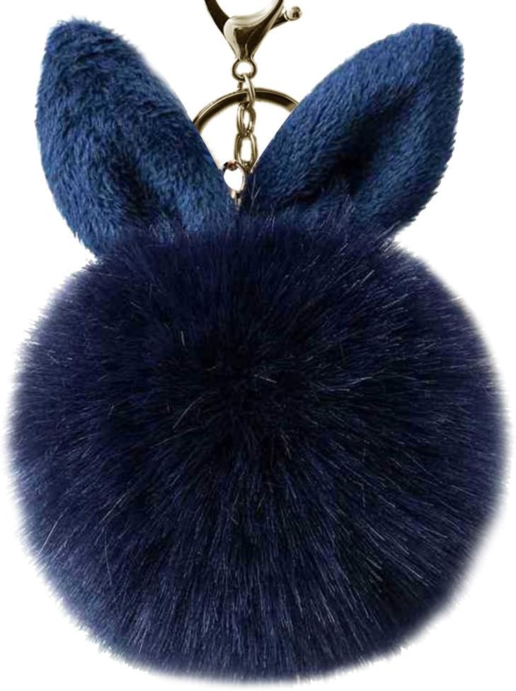 TOYMYTOY Cute Pom Pom Fur Ball Keychain Rabbit Ear Keyring Bag Charm Decoration (Navy Blue), 10-12cm
