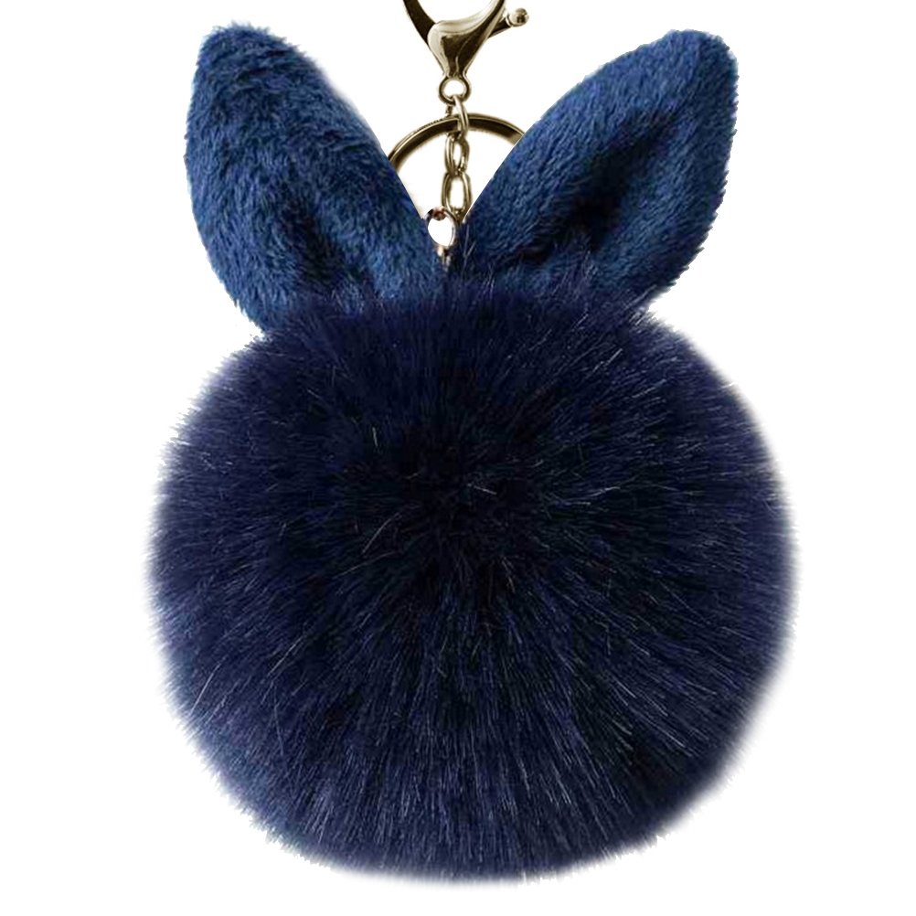 TOYMYTOY Cute Pom Pom Fur Ball Keychain Rabbit Ear Keyring Bag Charm Decoration (Navy Blue)