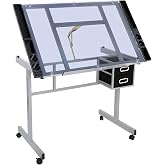 BBBuy Adjustable Drafting Table Drawing Desk Art Craft Station Drafting Desk Glass Tabletop w/2 Slide Drawers and Wheels for Drawing, Sketching, Reading, Painting Home Office