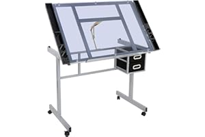 BBBuy Adjustable Drafting Table Drawing Desk Art Craft Station Drafting Desk Glass Tabletop w/2 Slide Drawers and Wheels for Drawing, Sketching, Reading, Painting Home Office