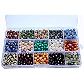 Yephac 750pcs 6mm Natural & Synthetic Round Stone Beads - 1mm Hole Size, DIY Smooth Beading for Bracelet, Necklace, Earrings - Jewelry Making, Box Packed (15material-6mm)