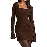 Simplee Womens Long Sleeve Mini Dresses Square Neck Casual Bodycon Party Club Formal Blazer Holiday Fall Short Dress