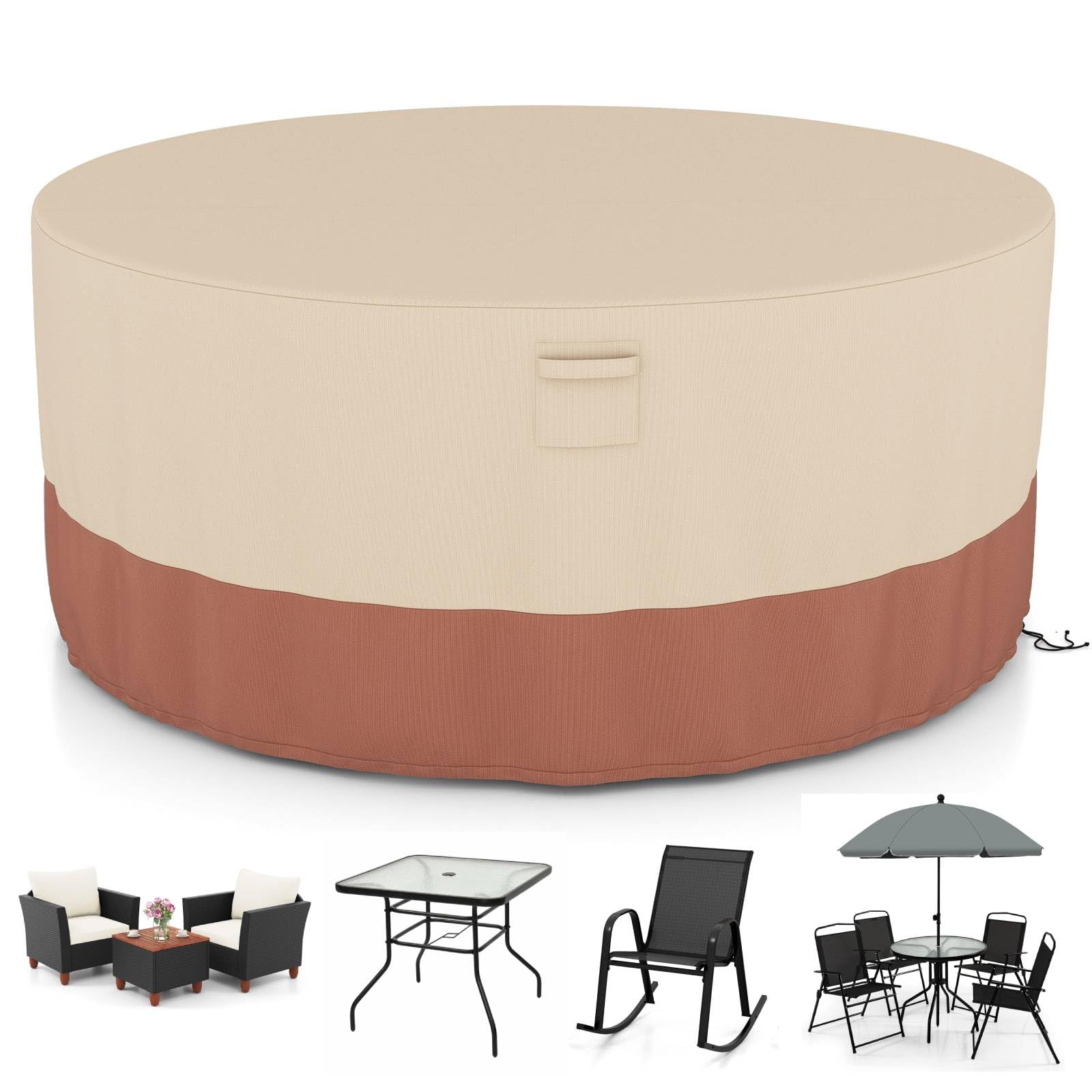SFAREST 158cm/181cm/213cm Garden Furniture Cover, Heavy Duty Waterproof Table and Chairs Cover with Air Vents, Buckle & Drawstring, Round Outdoor Patio Table Set Covers (Beige + Brown，158 x 70 cm)
