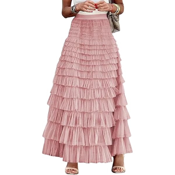 Mincib Womens Long Tulle Skirt A Line Ruffle Tiered Layered