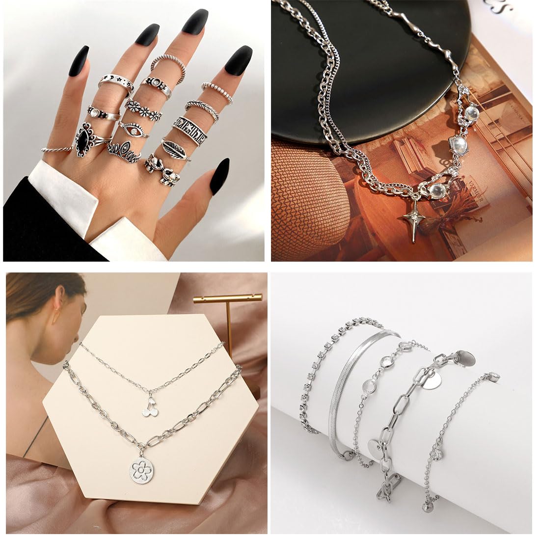 37pcs Silver Jewelry Set With 3 PCS Necklace, 14 PCS Bracelet, 7 PCS Ear Cuffs Earring, 6pcs Hoop Earrings,7pcs silver rings set For Women For Birthday Gifts