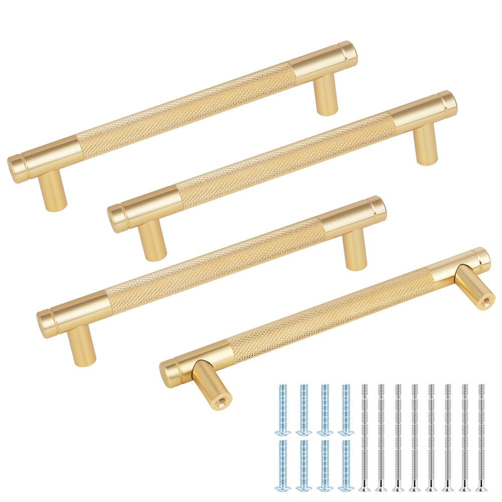 flintronic 4 Pack Cabinet Handles, 128mm Gold Kitchen Cupboard Handles, Aluminum Alloy T Bar Drawer Pulls, Modern Gold Kitchen Handle (Overall Length 158mm, Hole Center 128mm)