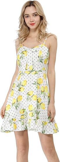 Allegra K ドレス 裾フリル ワンピース ノースリープ キャミワンピース レモン ドット柄 レディース ワンピース チュニック 通販 Amazon