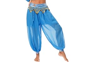 Hedmy Women's Belly Dance Harem Pants Shiny Sequin Tassel Trouser Arabic Performance Loose Pants