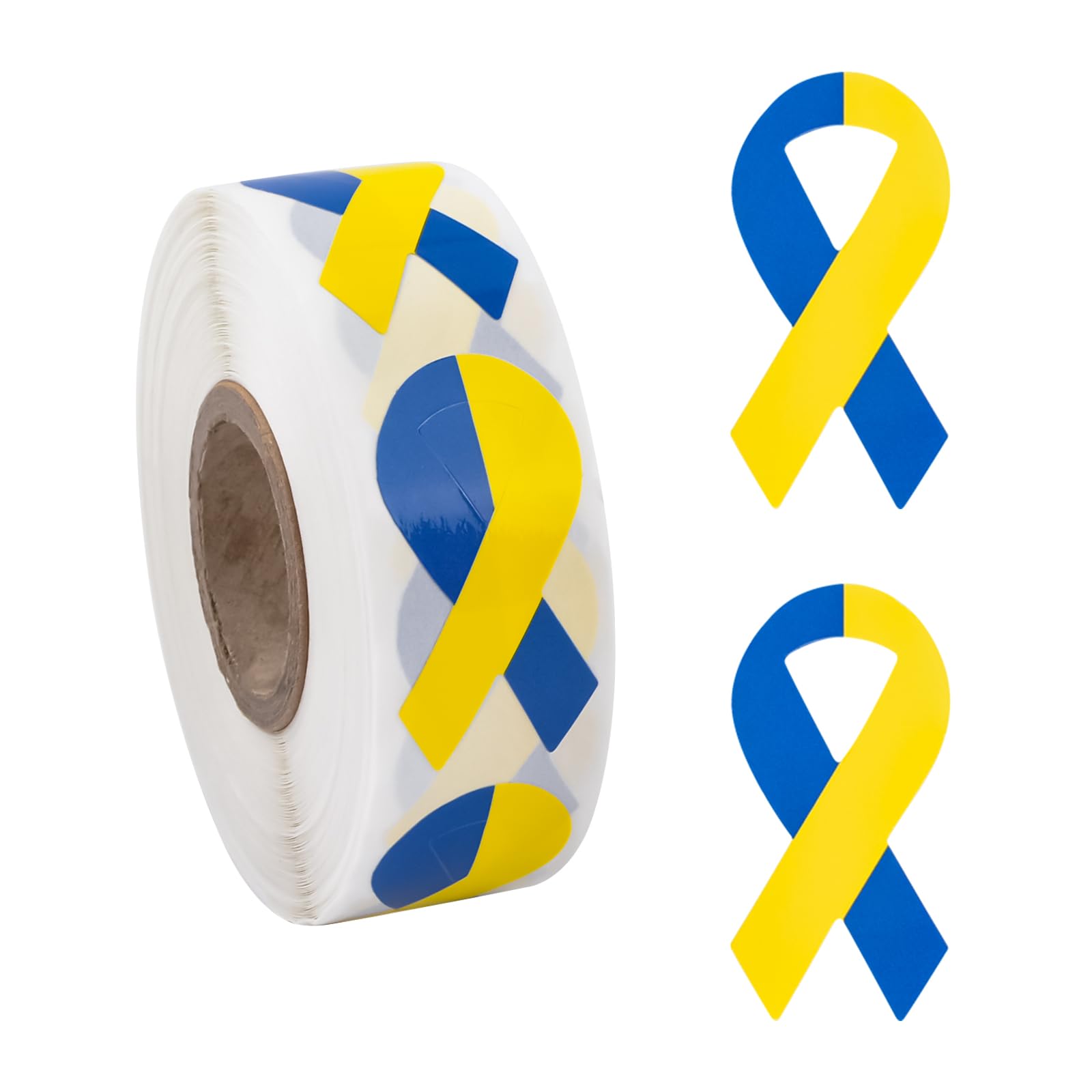 WANDIC Yellow&Blue Ribbon Sticker, 500 Pcs Down Syndrome Awareness Stickers Labels Roll World Down Syndrome Day Ribbon Package Sealing for Event Gift Letter Bags — image 1