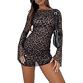 ABINGOO Women Long Sleeve Mini Dress Sexy Boat Neck Mesh Bell Sleeve Self Tie Back Sheer Backless Bodycon Y2k Short Dresses