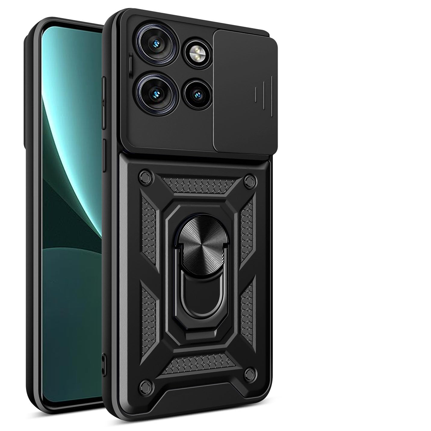 BORYA Case for Motorola Edge 50 Neo, Shockproof PC + TPU Double Layer Silicone Military Grade Cover, with 360° Rotation Magnetic Kickstand, Camera Slider Cover. Black