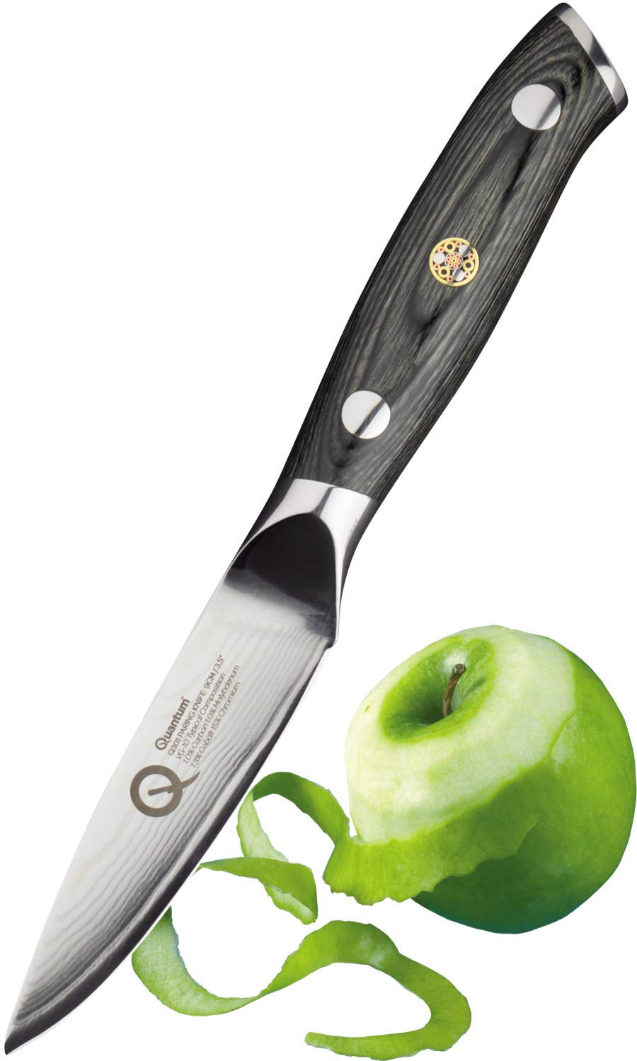 Taylors Eye Witness Quantum Pakka Wood Handle Paring Knife - 9cm / 3.5” Blade. Premium High Hardness Exotic Super-Steel Core, Between 66 Premium Steel Alloy Layers, Damascus Hamaguriba Grind Profile.