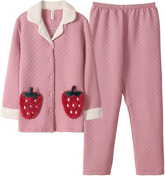 Amazon 三好優品 パジャマ レディース 100 綿 冬 イチゴ柄 厚手 かわいい ルームウェア 上下セット 長袖 部屋着 暖かい 防寒グッズ 保温 大きいサイズ パジャマ ルームウェアセット 通販
