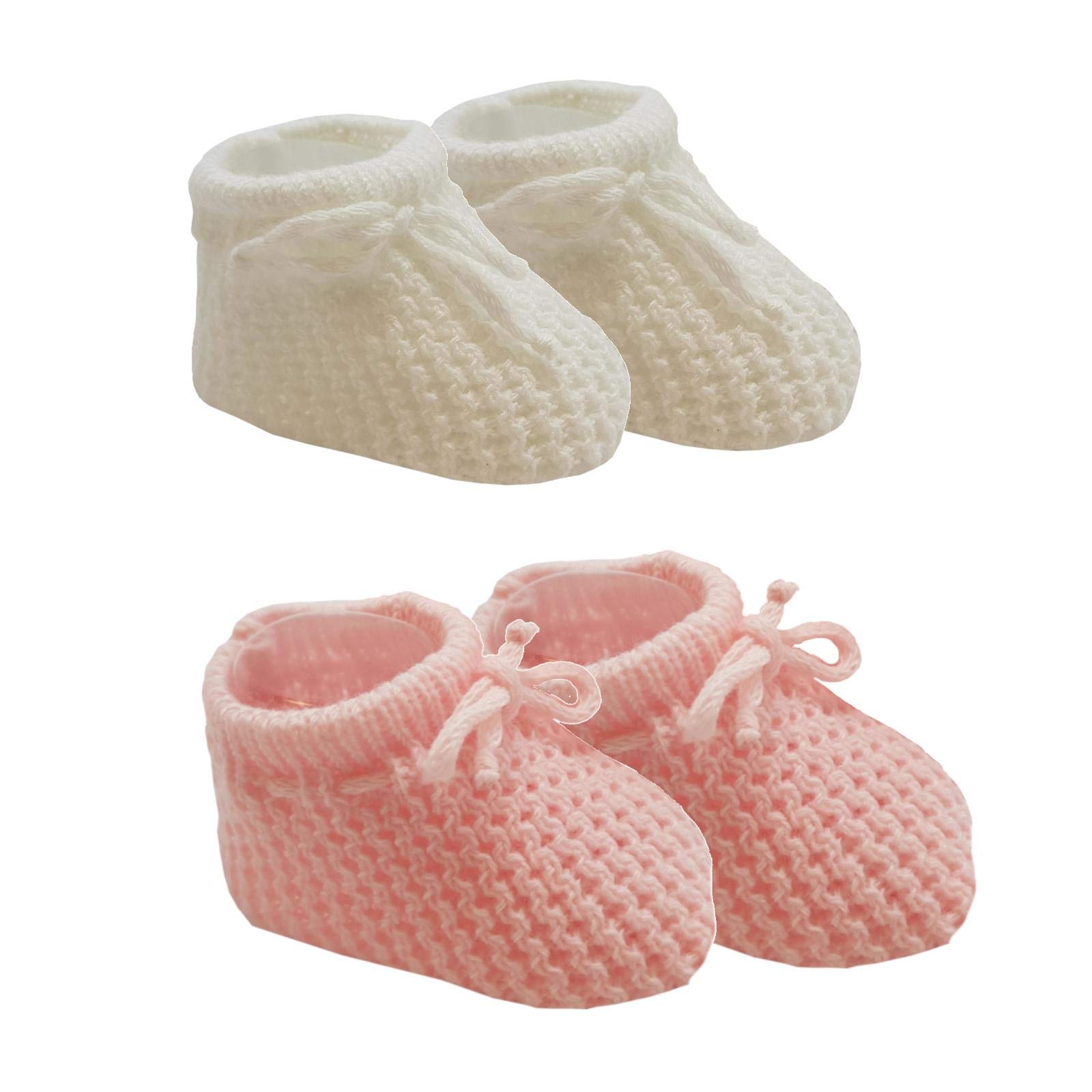 Baby Knitted Booties - Baby Girls, 2 Pack, Soft Knit, Stretch, Bow Tie - White, Pink - 0-3 Months