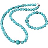 VN Jewelry Handmade Natural Blue Turquoise Gemstone Beaded Necklace and Bracelet Set - Boho Chic Jewelry with 8-12mm Turquoise Beads for Women
