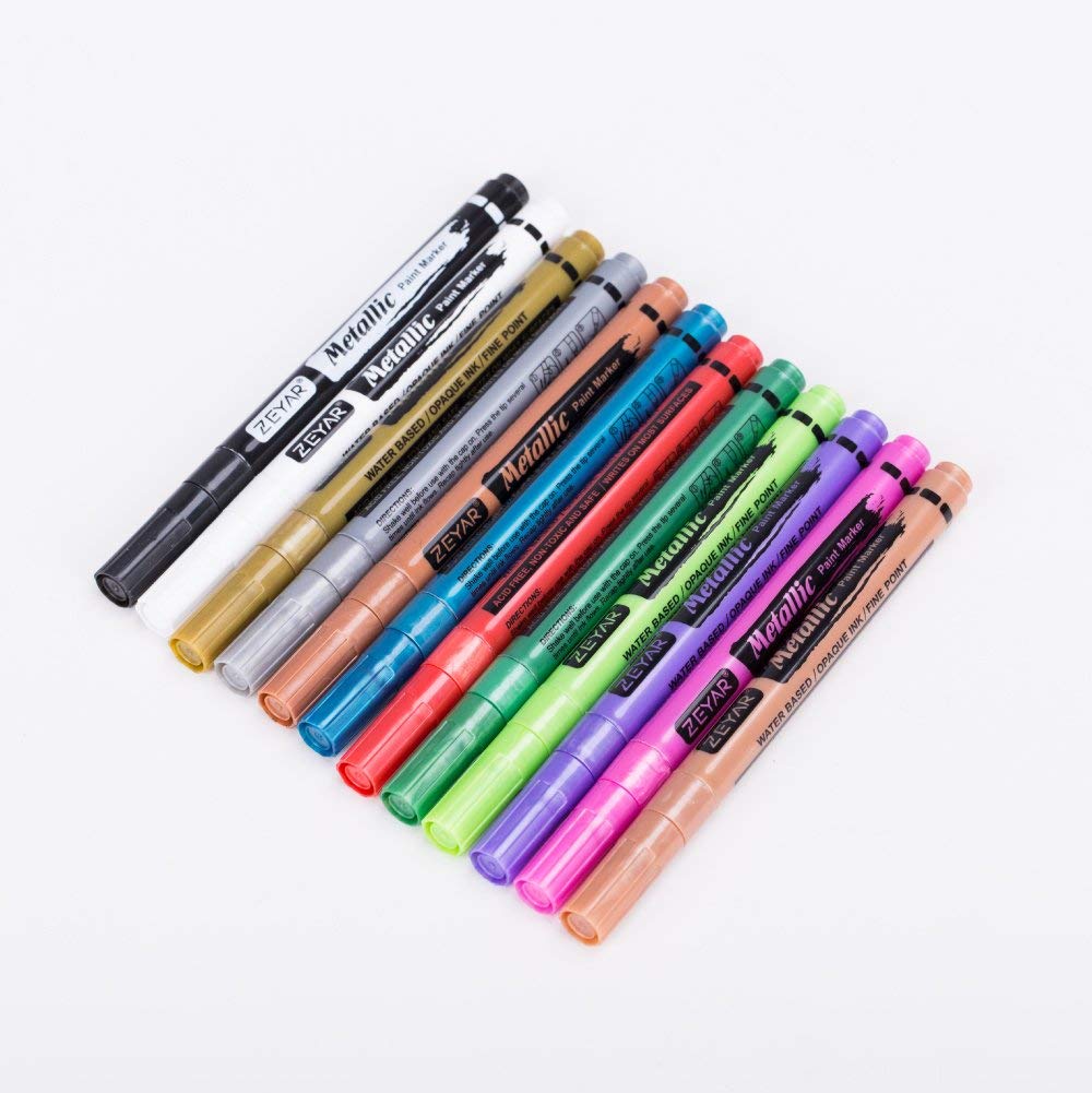 ZEYAR Acrylic Paint Pens, Water based, Fine Point, 12 Metallic colors, Acid Free, Opaque Ink, Great for greeting card, Album, Poster, Scrapbook and so on
