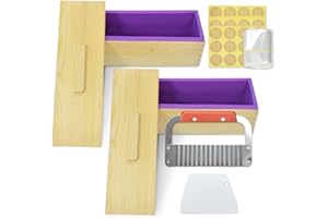 Artcome 42oz Soap Loaf Molds 2 Sets Rectangular Silicone Moulds Wooden Box with Lid, DIY Soap Making Supplies with with Stainless Steel Wavy Scraper and Plastic Straight Cutter