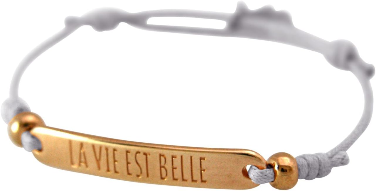 Gemshine - Ladies - Girls - Bracelet - Engraving - LA VIE EST BELLE - Rose Gold plated - Light Grey