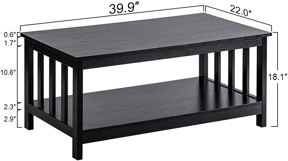 ChooChoo Black Wood Coffee Table for Living Room, Rectangle Mission Coffee Table with Shelf, 40 Inch, Easy Assembly: Kitchen & Dining