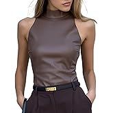 Velius Women Sexy Y2K Mock Neck PU Leather Sleeveless Slim Fit Tank Tops