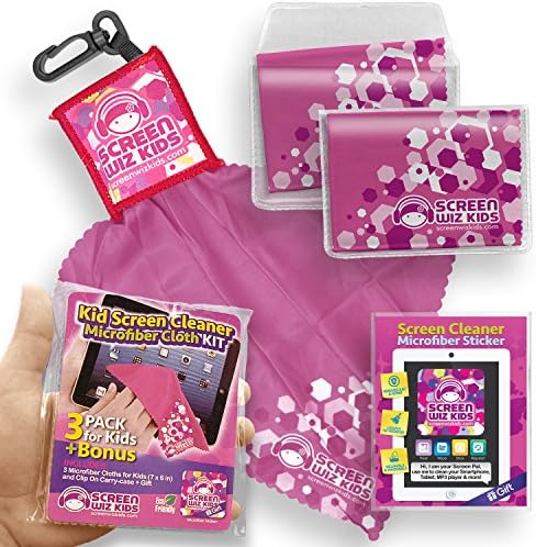 Clean Screen Wizard Microfiber Screen Clean Cloth Pouch Pack &amp; Sticker Cleaner in Pink- 4 PACK Bundle- For Kids Electronics