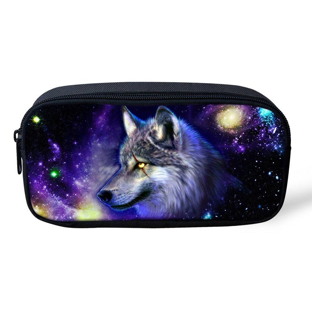 Kuiaobaty Zipper Pencil Case Galaxy Wolf Print Pen Holder Bag Durable Pen Carrying Case Storage Pouch