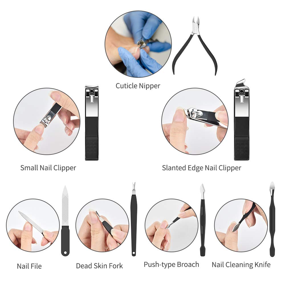 Nail Clippers Set Manicure Pedicure Kit - PWING 16 in 1 Black Manicure Set Professional Pedicure Nail Trimmer Tools, Portable Manicure Grooming Set with Brown Leather Case : Beauty