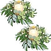 2 Pack Greenery Candle Rings Wreaths 4 Inch Center Artificial Eucalyptus Leaves Wreaths with Pearl Berries Small Boho Wreath Pillar Candle Holder for Wedding Home Door Tabletop Decor (Green)