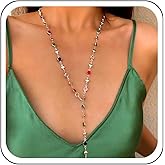 TseanYi Corolful Rhinestone Y Lariat Necklace Gold Long Crystal Y Shape Necklace Multi-color Rhinestone Choker Necklaces Rainbow Zirconia Cubic Bead Chest Necklaces Sparkly CZ Drop Jewelry