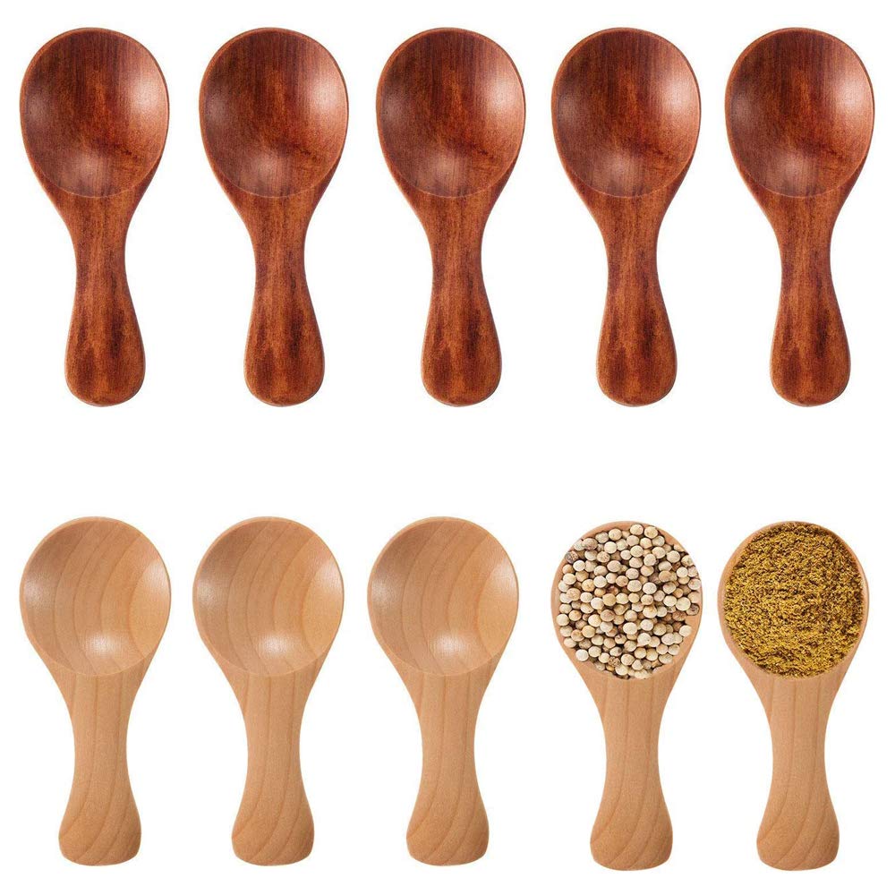 10 Pieces Mini Wood Spoon, Honey Teaspoon, Small Wooden Salt Spoons, Anti-Scalding Creativity Wooden Mini Tea Spoon for Small Jam Jars, Spices, Sugar, Honey, Coffee, Tea, Mustard, Ice (2 Color)