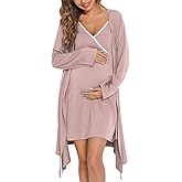 SWOMOG Womens Maternity Robe 2 Piece Nursing Nightgown for Breastfeeding 3 in 1 Labor Delivery Nursing Dress Lace Bathrobe