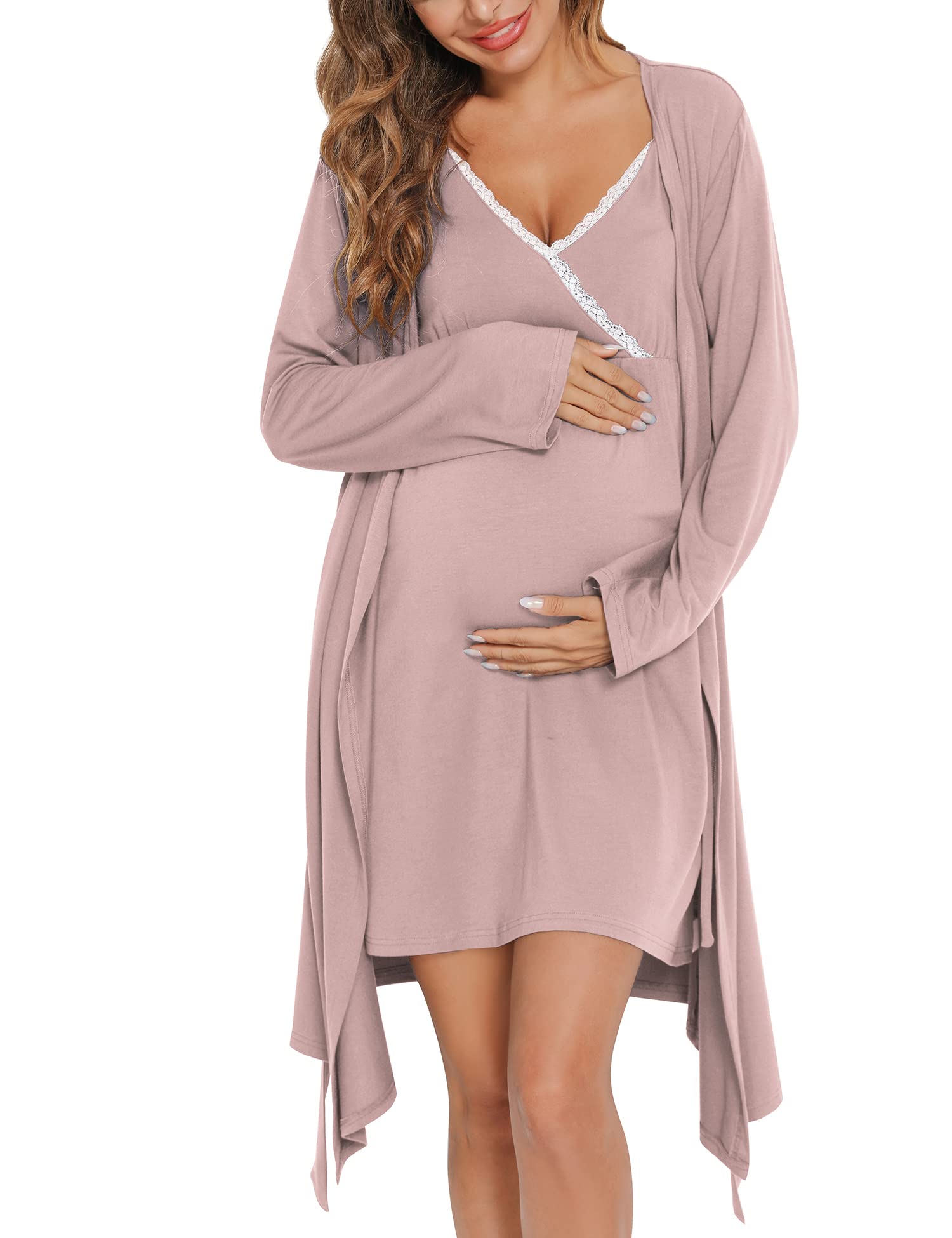 SWOMOG Womens Maternity Robe 2PCS Nursing Nightgown for Breastfeeding 3 in 1 Labor Delivery Nursing Robe Set Lace Bathrobe Image