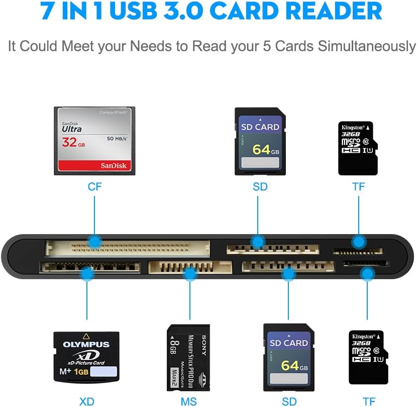 Rocketek USB 3.0 Memory Card Reader/Writer for CF Card, xD Card, SD Card, Micro SD Card, MS Card, with a 13cm USB Cable design - 5 cards read simultaneously: Computers & Accessories