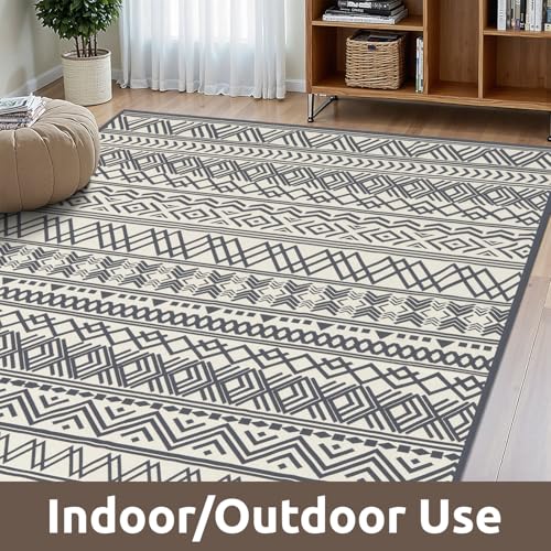 8x10 Outdoor Rug Braided Indoor Outdoor Rugs Carpet Non Slip Outdoor Patio Rug with Rubber Particles Backing, Boho Outdoor Area Rug for Patio Deck Porch Balcony Backyard Living Room, Blackish Grey