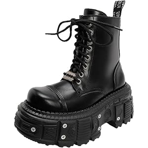 JSDWNDO Men's Leather Platform Combat Boots Lace Up Round Toe Chunky Heel Studded Footwear For Party Streetwear Punk Goth Cas