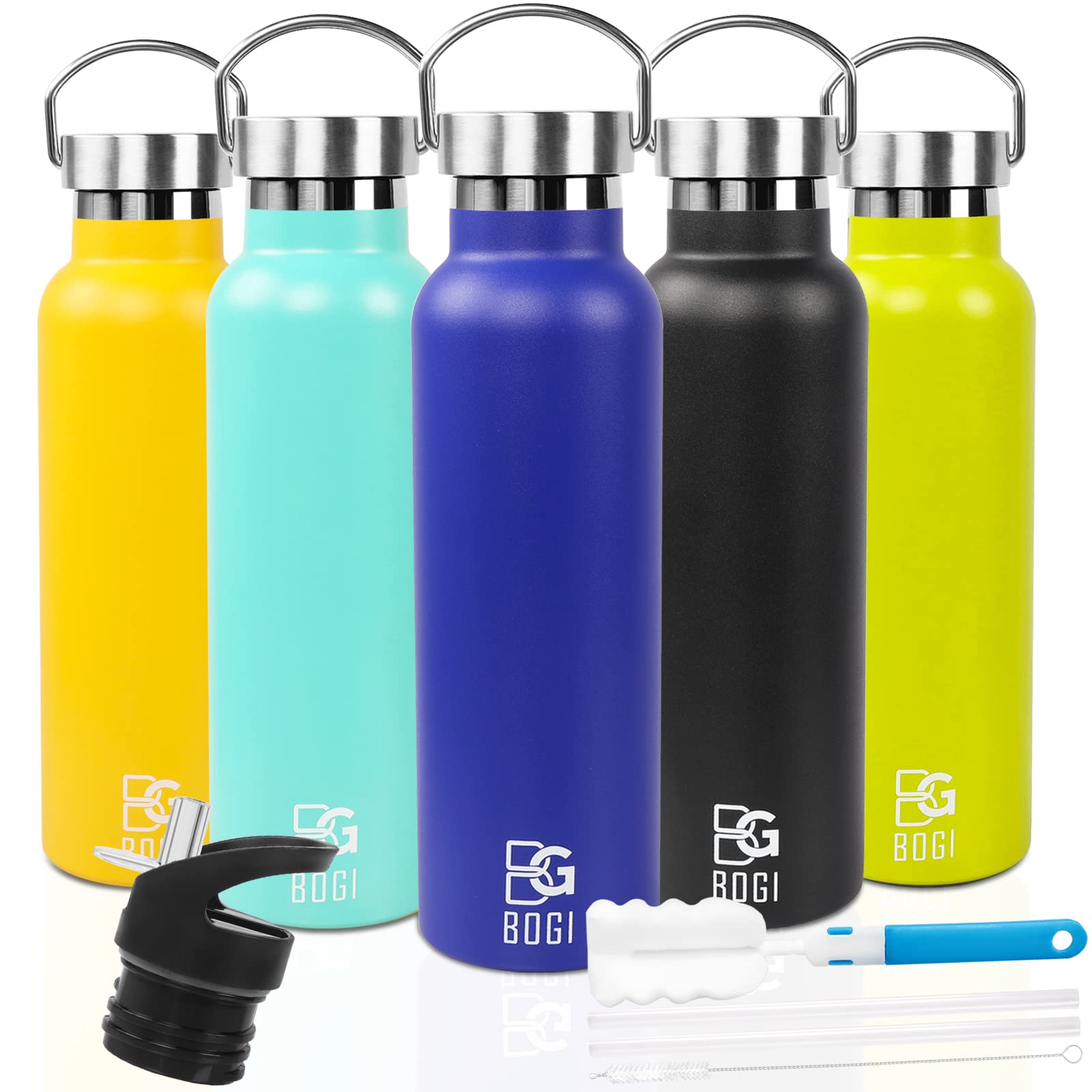BOGI 600ml Double Wall Vacuum Insulated Stainless Steel Water Bottle-Scratch Resistance&Eco-Friendly for Outdoor Sports Yoga Camping,Straw Flip Cap+Cleaning Brush-1 Year Warranty(Dark Blue)