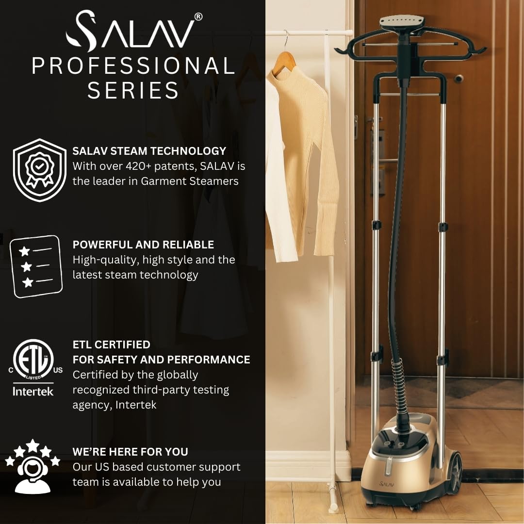 SALAV Professional Standing Garment Steamer with Retractable Power Cord, Foot Pedal Control, Wheels for Easier Movement (Gold)