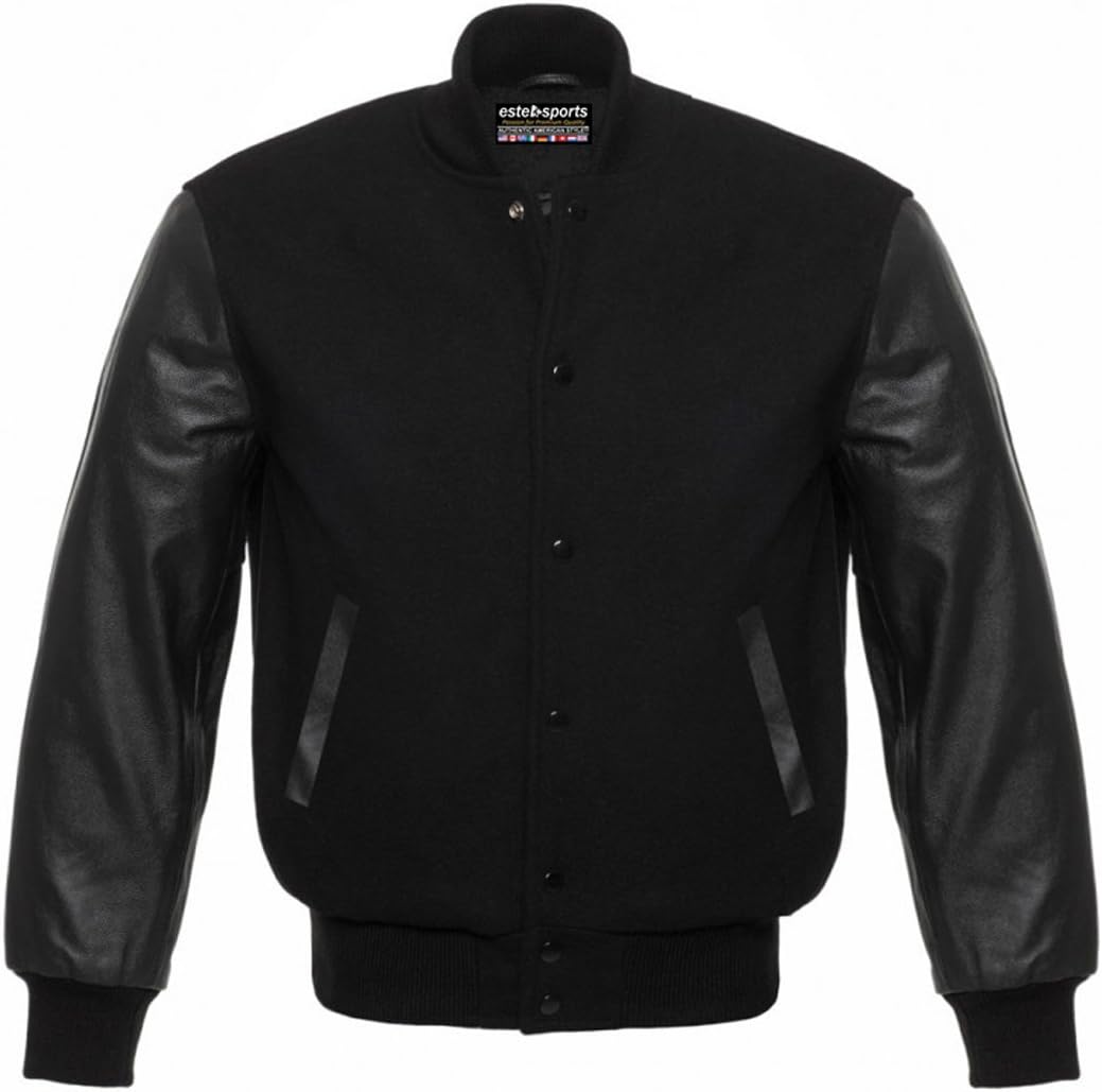 Estek Sports Letterman Baseball School College Varsity Jacket Wool Blend & Genuine Leather Sleeves Solid Black